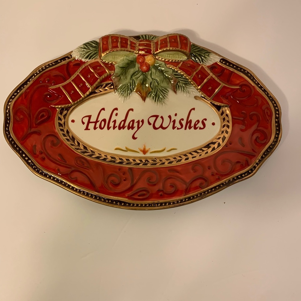 Fitz & Floyd Damask Holiday Embossed Sentiment Tray Holiday Wishes